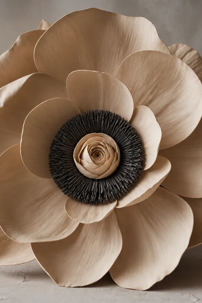 A huge sand beige flower with rounded petals. The center has a charcoal band wrapped around a small beige rosette, creating a ring effect.