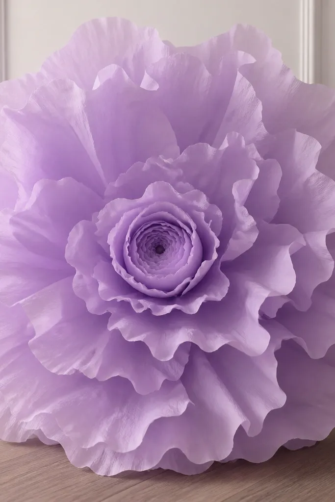A giant single-color lilac tissue flower with wavy, scalloped petal edges. The center is a lilac rosette with a slightly darker lilac dot in the middle.
