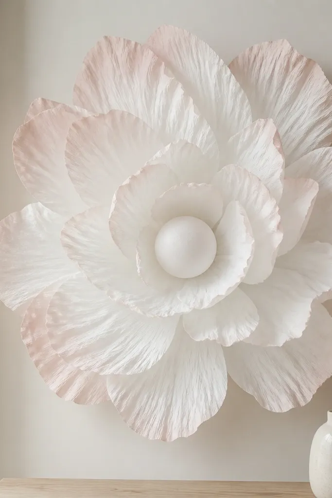 A giant white tissue flower where each petal has a soft blush tint only at the outer top edge. The center is white and smooth.