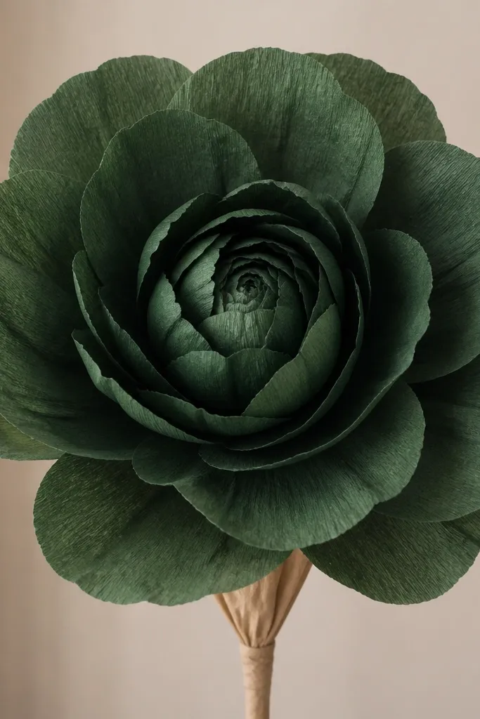 A giant forest green tissue flower with wide rounded petals and a smooth inner rosette. A simple kraft stem wrap is visible beneath the bloom, with no extra leaves.