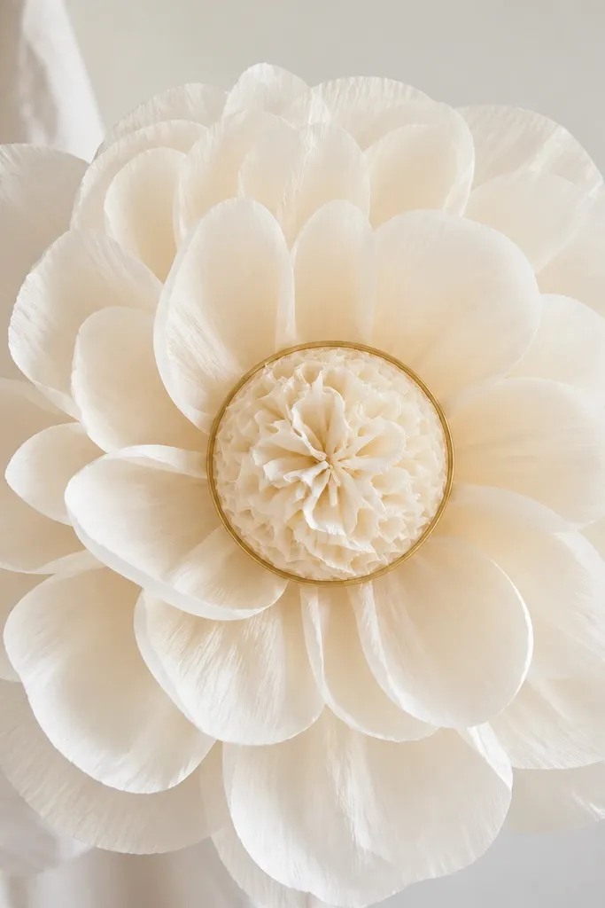 A large ivory tissue flower with rounded petals and a center that has a thin soft gold ring around the rosette. The gold ring looks like a metallic paper band, not glitter.