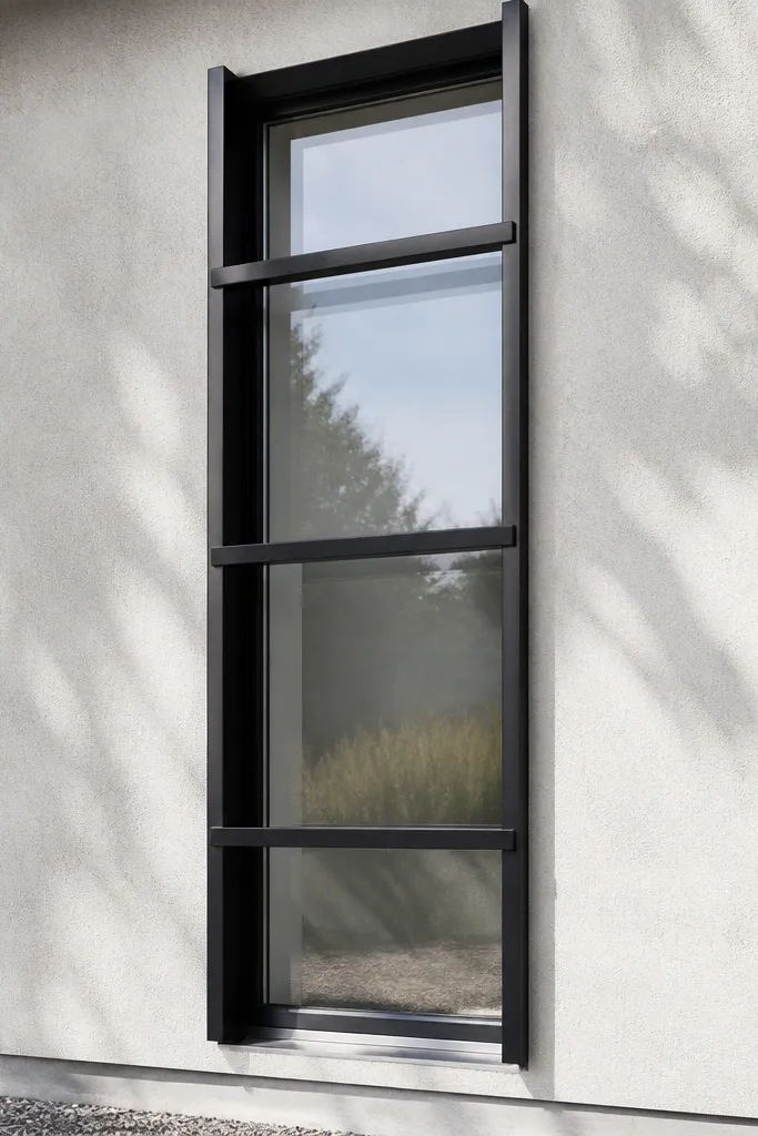Matte black window grill with two vertical rails and three short horizontal bars
