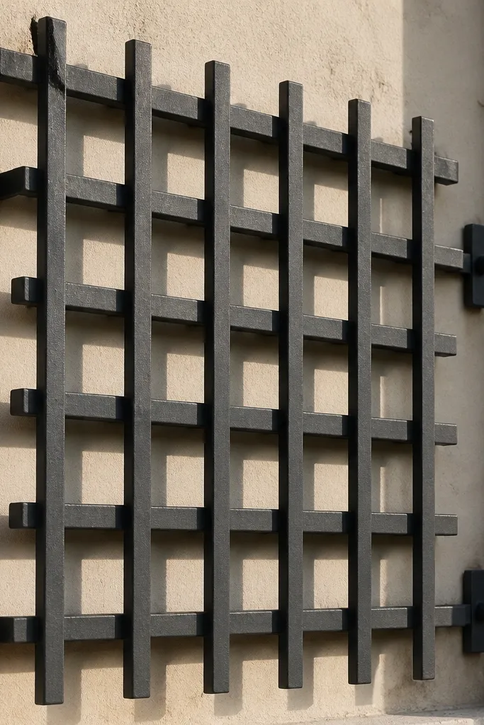 Charcoal window grill grid with equal square openings