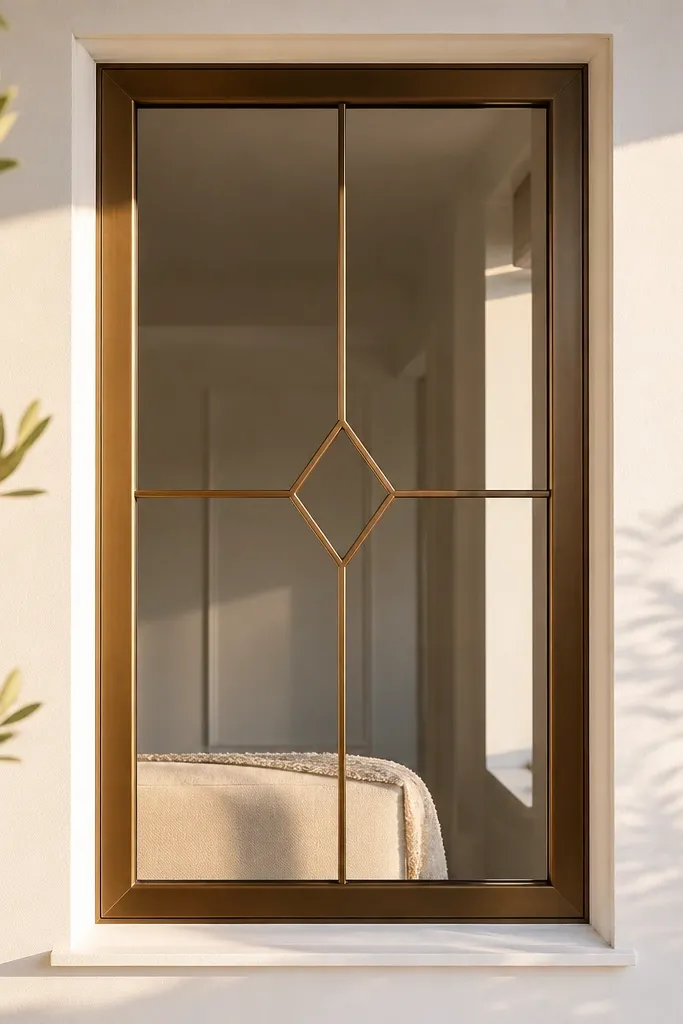 Bronze window grill with a rectangular frame and a small centered diamond