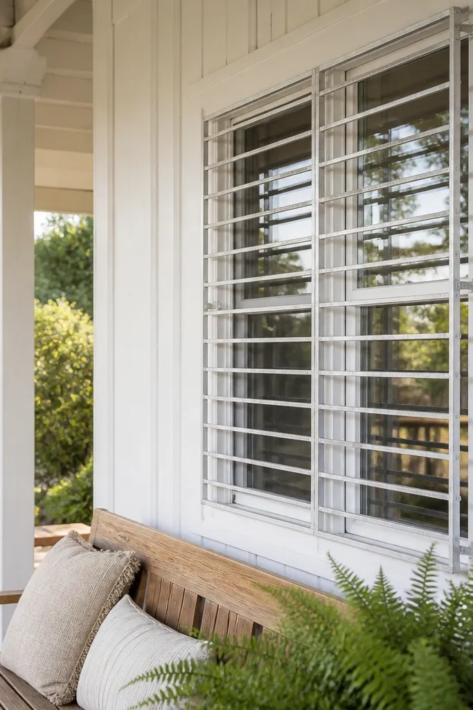 Light gray window grill with thin horizontal bands and minimal verticals