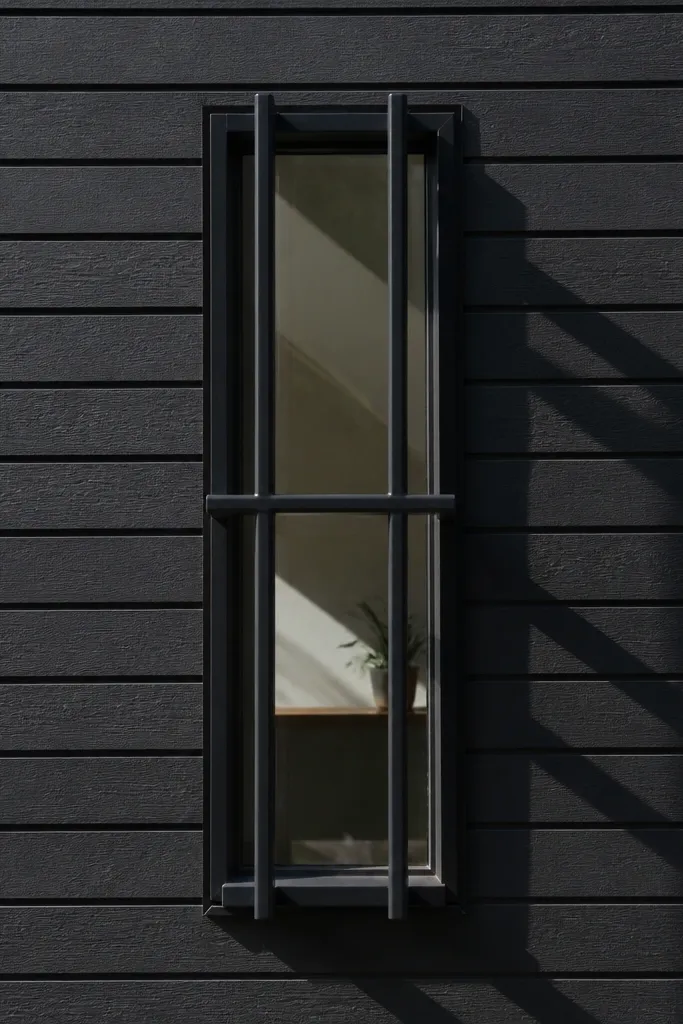 Black window grill with vertical ladder bars and one center horizontal bar