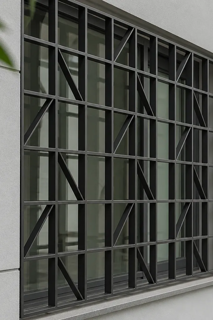 Matte graphite window grill grid with small diagonal braces in each bay