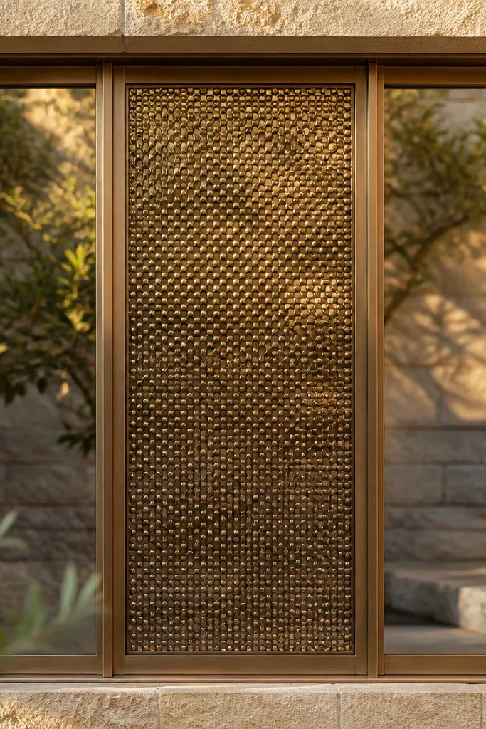 Bronze window grill with two vertical columns and a small dot-pattern panel