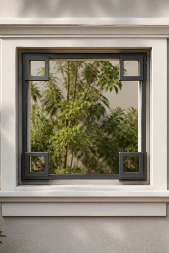 Charcoal window grill open center with four corner square accents