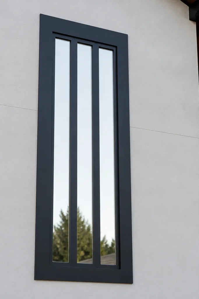 Matte black window grill with a full border and three centered vertical bars