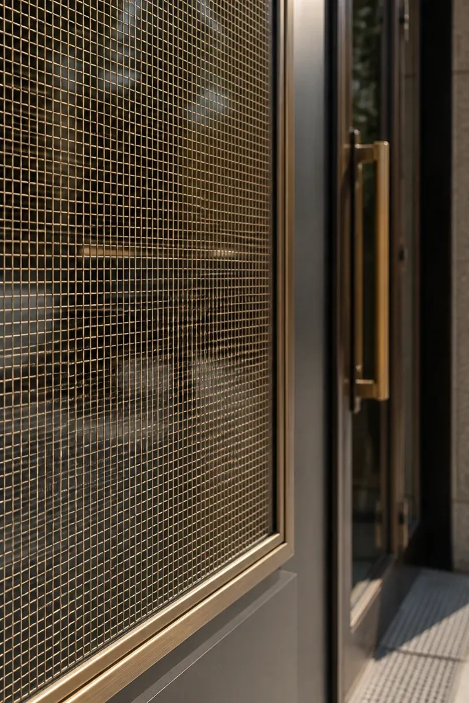 Satin bronze window grill with a tight micro-grid and thin border