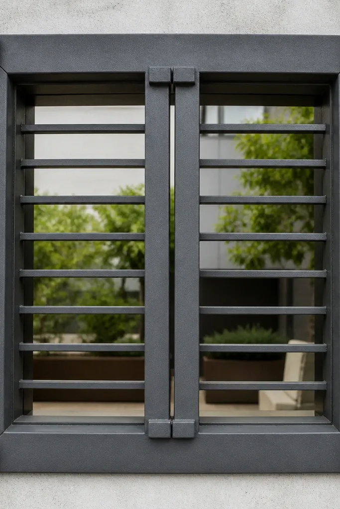 Graphite window grill with a square frame and a centered vertical slit