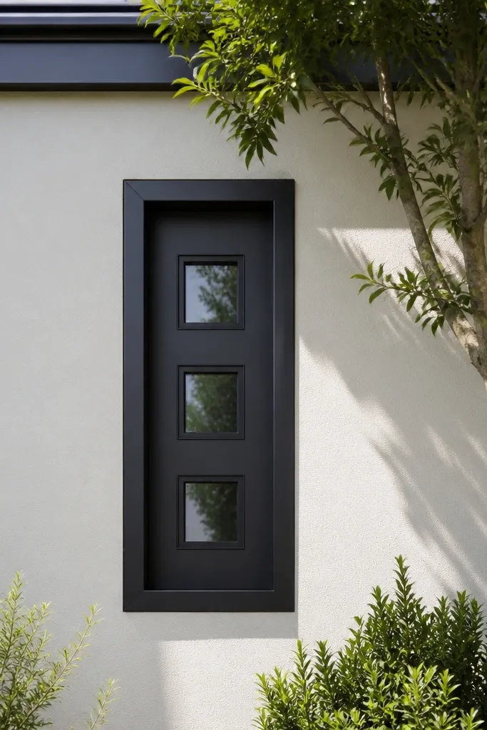 Black window grill with a border and three stacked square accents in the center