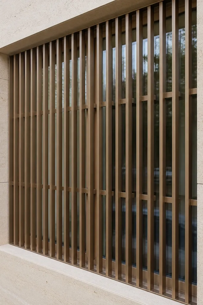 Warm bronze window grill with no front border and hidden supports behind bars