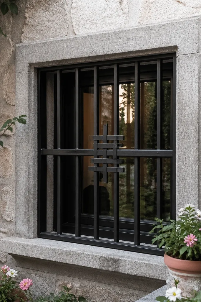 Matte black window grill with border and a small crosshatch in the center