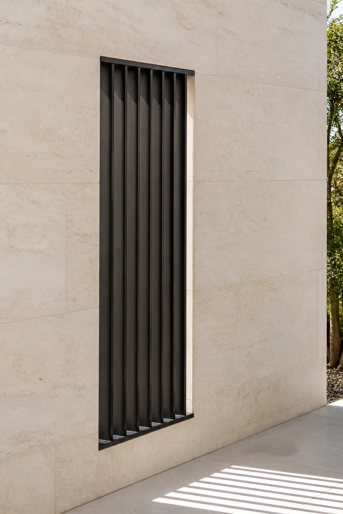 Charcoal window grill with vertical slats and thin top and bottom rails