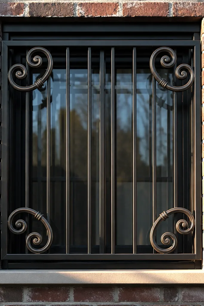 Iron window grill with scroll corner curls and straight center bars