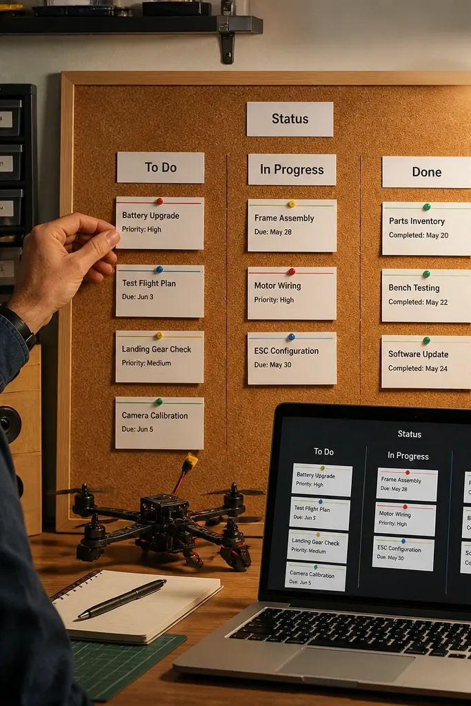 Notion board with simple project cards across columns and clean tags