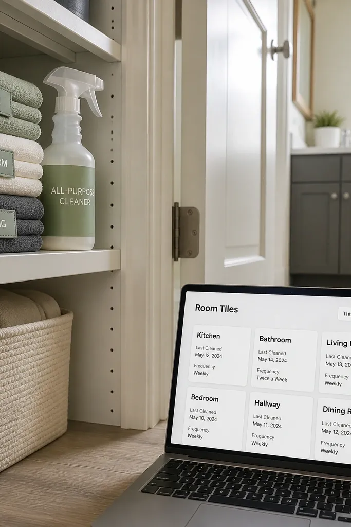 Room tiles list with check-in dates and simple checkboxes
