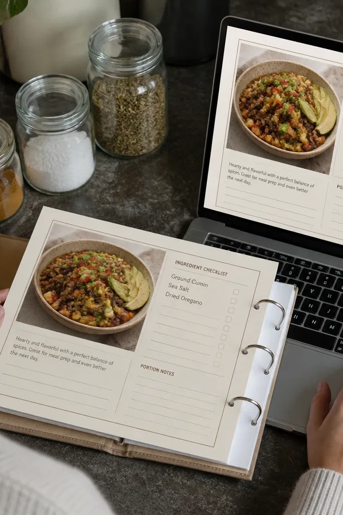 Recipe cards with ingredient checklist and portion notes in Notion