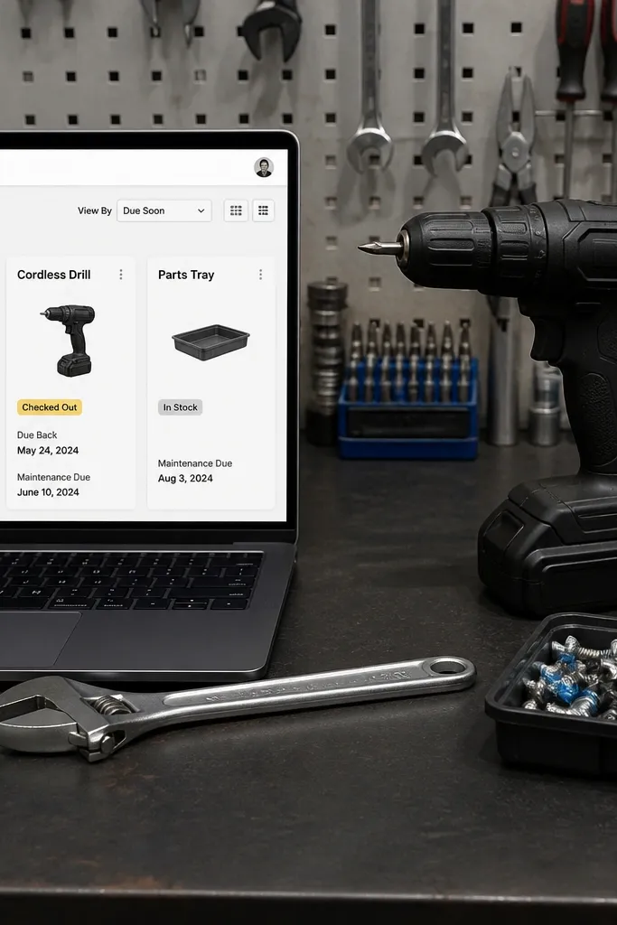 Tool checklist with checkout status chips and maintenance due dates