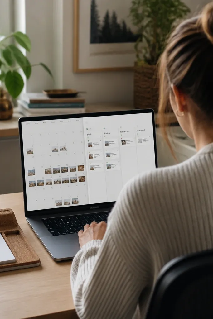 Content calendar with draft statuses and a queue board for publishing