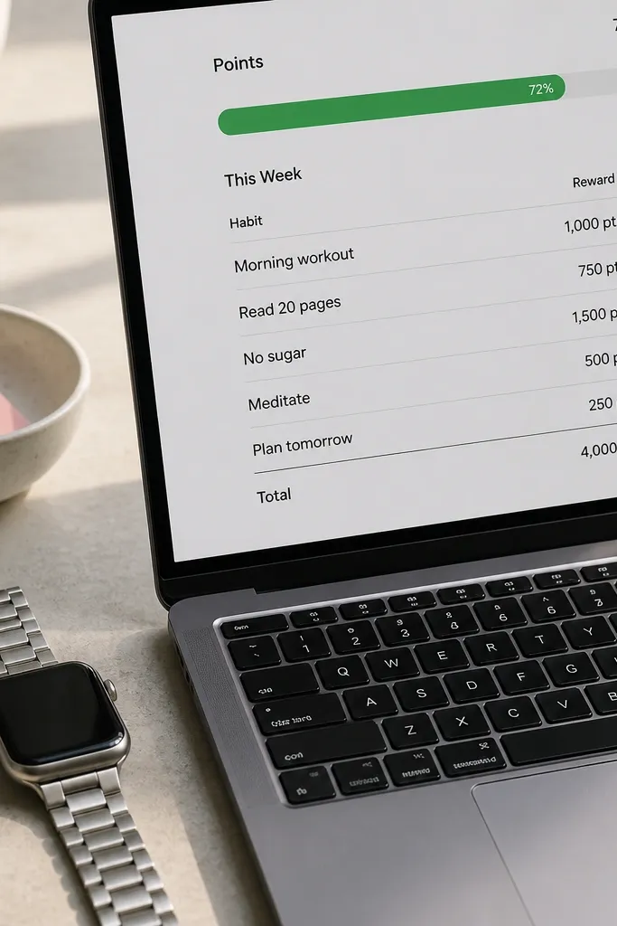Habit reward page with points totals and a progress bar section