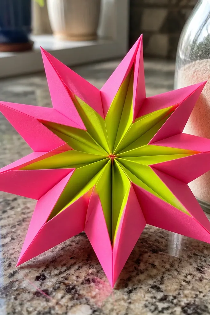 Colorful folded star with pointed tips and sharp edges