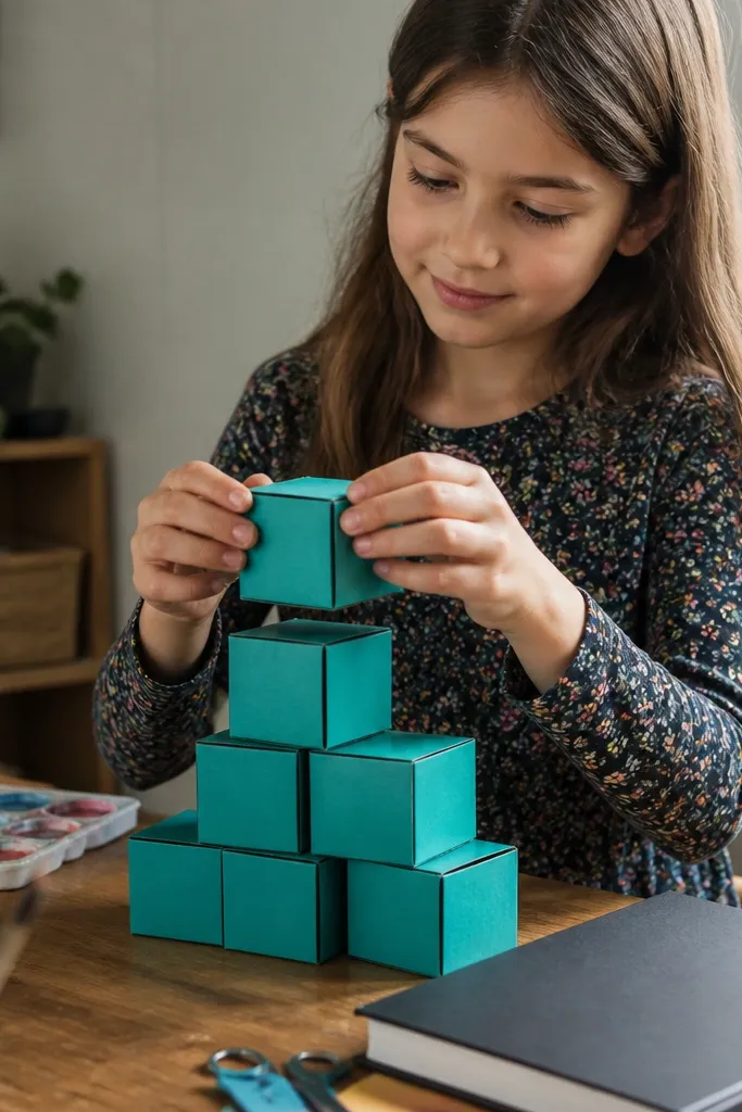 Small cube made from folded paper with visible crease lines