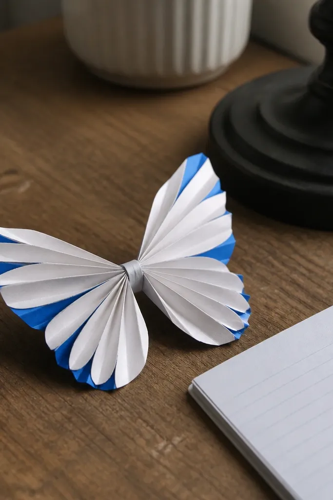 Butterfly shape with wings showing two colors along the folds