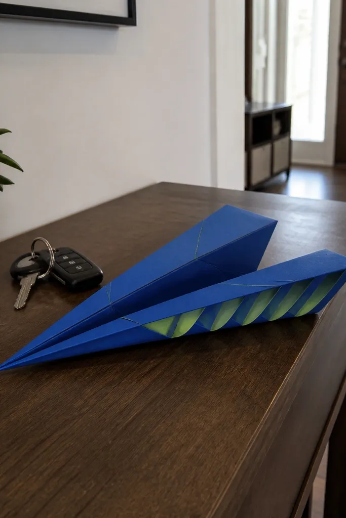 Paper airplane with crisp folded wings and strong nose shape
