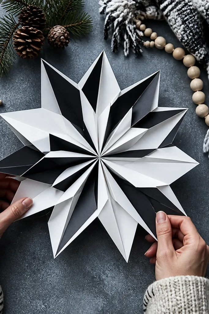 Symmetrical snowflake with bold folded arms and clean edges
