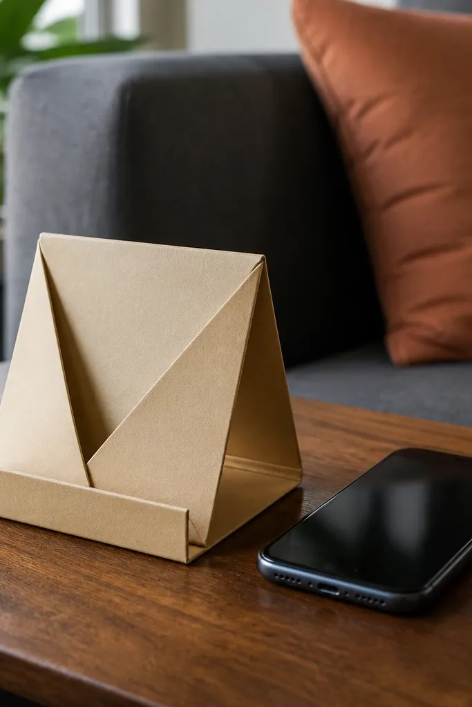 Folded paper stand shaped like an open envelope supporting a phone