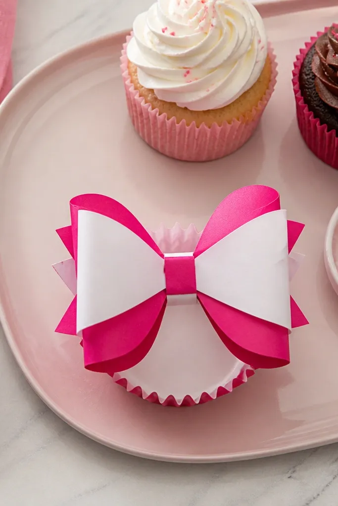 Cupcake wrapper shaped into a bow with folded loops