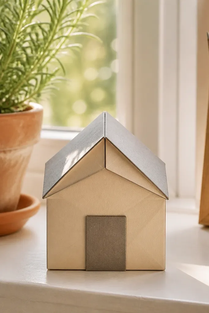 Small origami house shape with a folded door panel