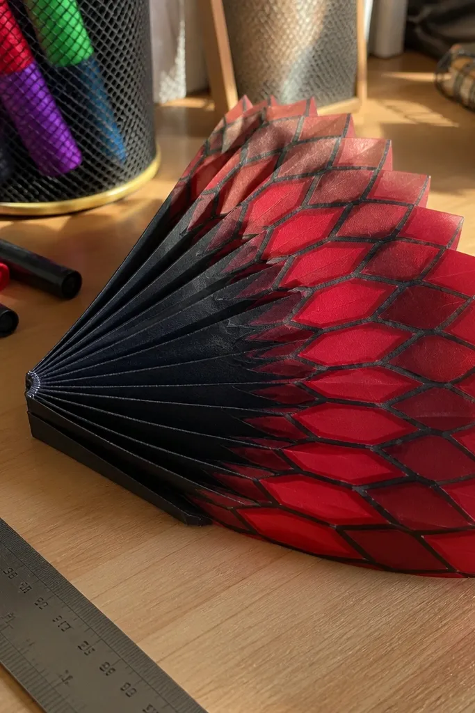 Folded fan with repeating scale-like diamond segments