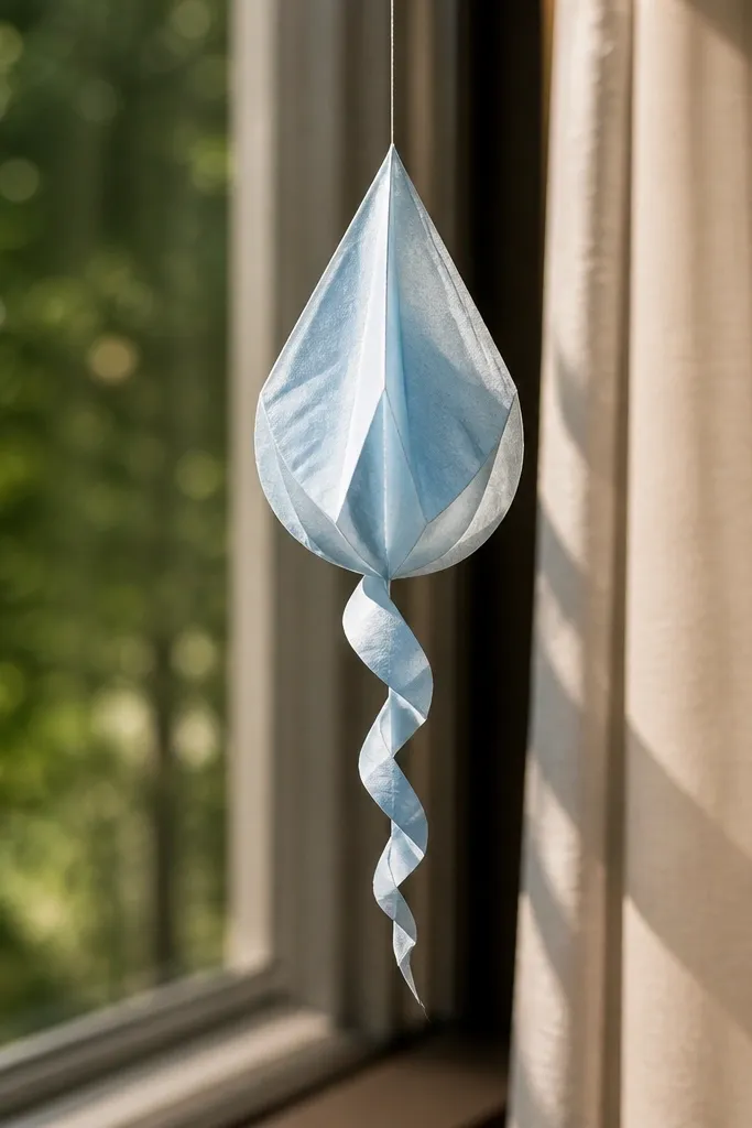 Droplet ornament with a twisted paper tail and glossy fold lines