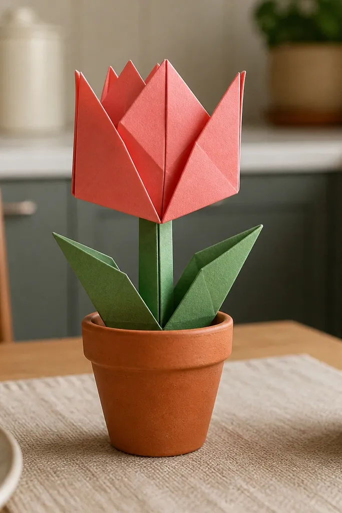 Tulip shape with flat, folded petals and a short stem base