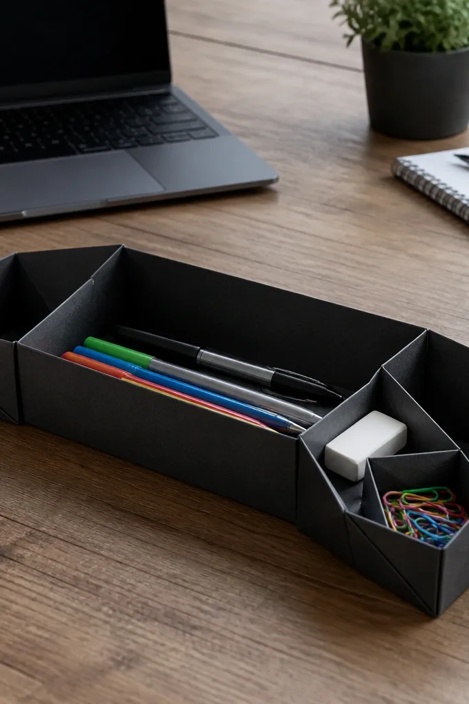 Small folded paper tray with compartments and straight walls