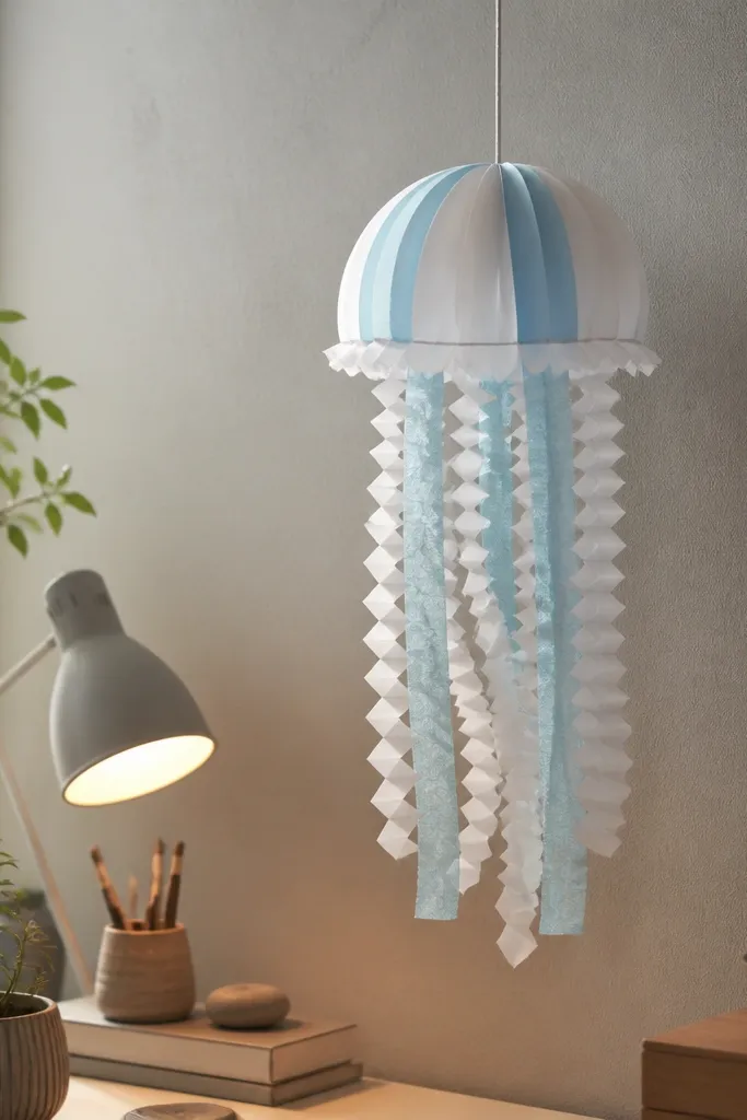 Jellyfish paper craft with folded tentacles hanging down