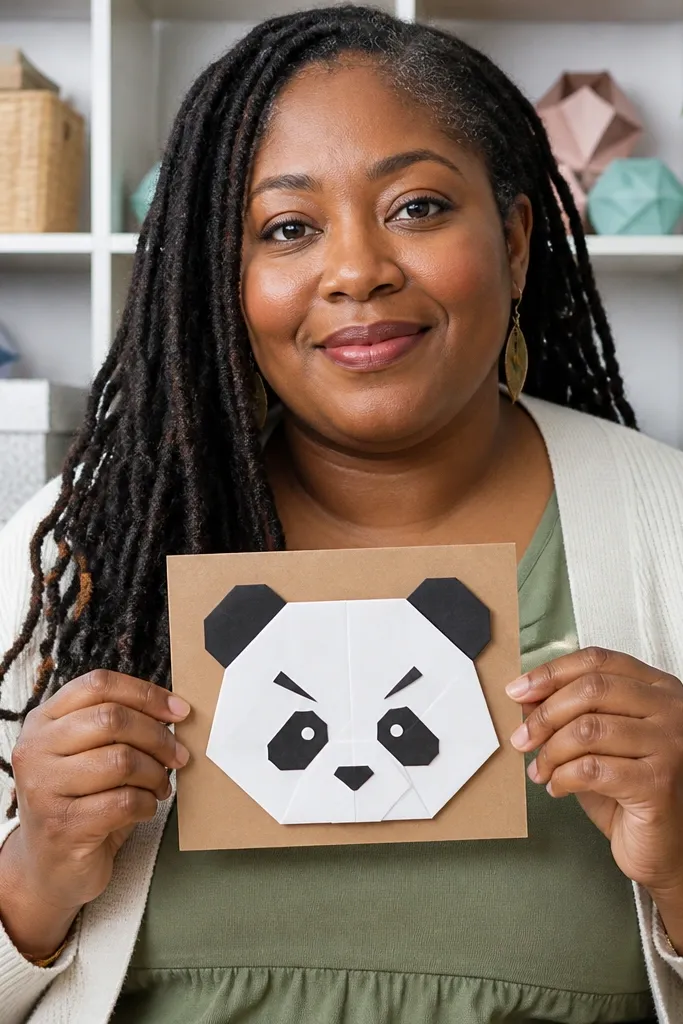 Panda face origami with folded ears and bold black eye patches