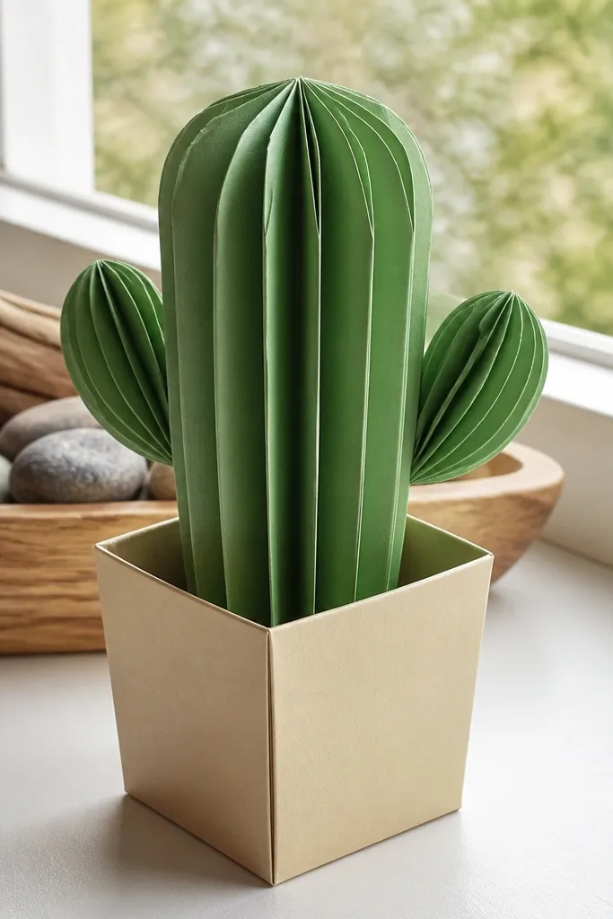 Origami cactus in a paper pot with folded ridges