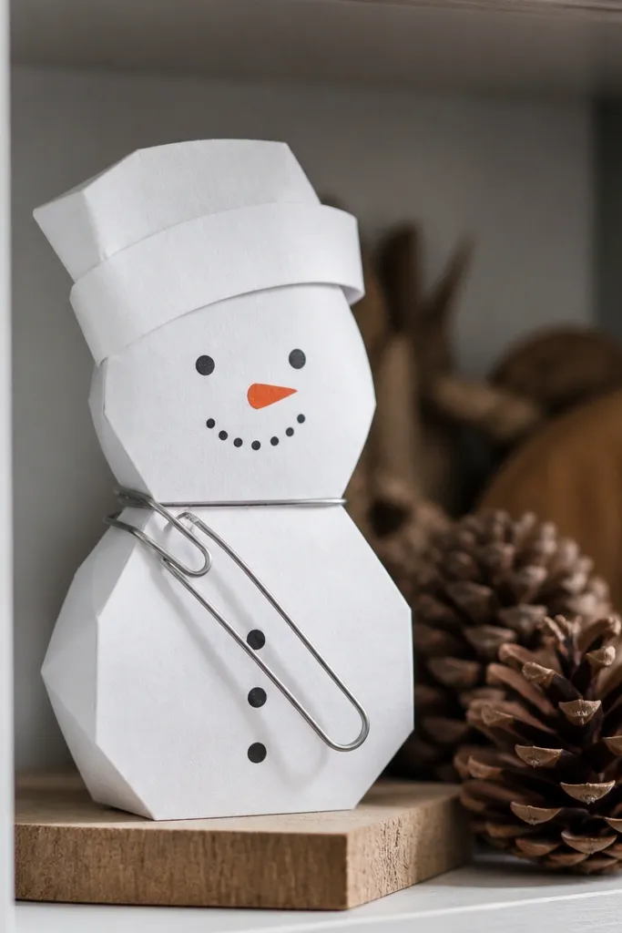 Snowman paper figure with folded body and a scarf made from paper clip