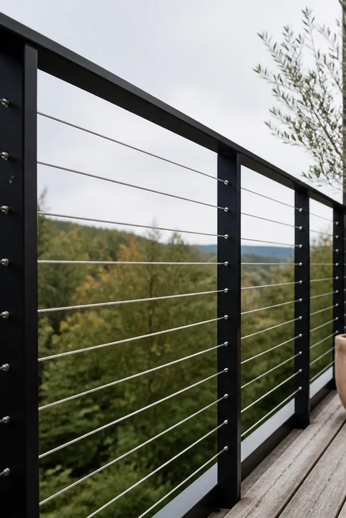 Matte black top rail with evenly spaced stainless cables on an outdoor balcony