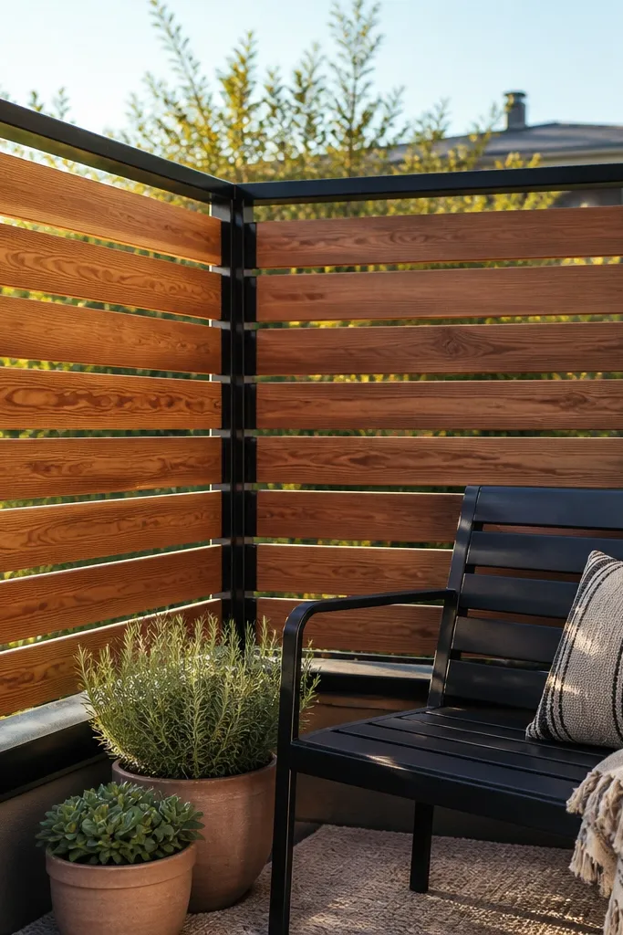 Black steel frame holding warm cedar horizontal slats on a balcony