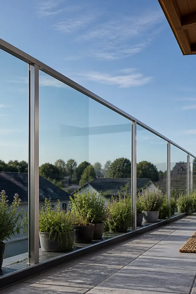 Clear glass balcony panels with slim aluminum posts and a minimal top rail