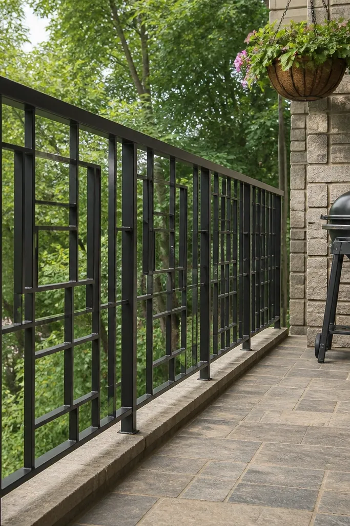 Black flat-bar grid railing with simple straight lines and a slim top rail