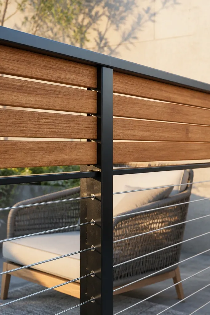 Wood slat upper section with stainless cables below on a modern balcony railing