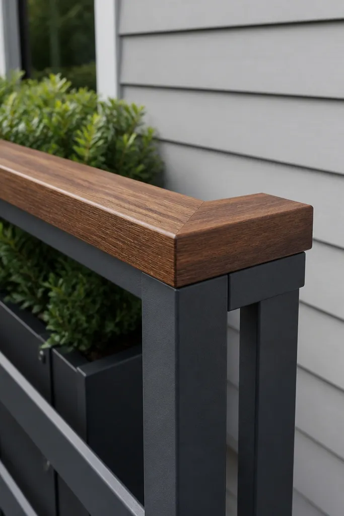 Walnut-stained wood top rail over a dark metal railing with clean vertical lines