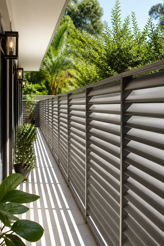 Angled aluminum slats creating shadow lines on a balcony railing
